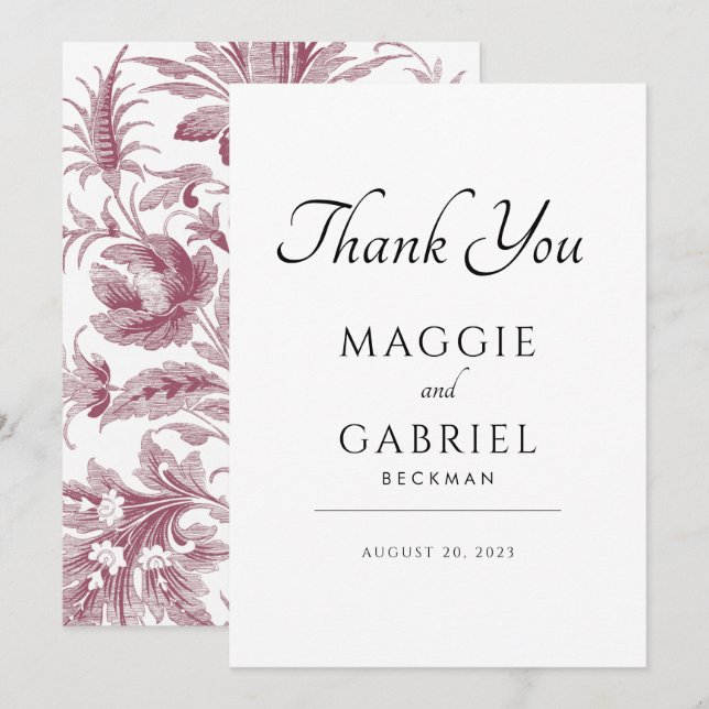Cartão De Agradecimento Casamento Floral com o Toile Dusty Rosa (Frente/Verso)