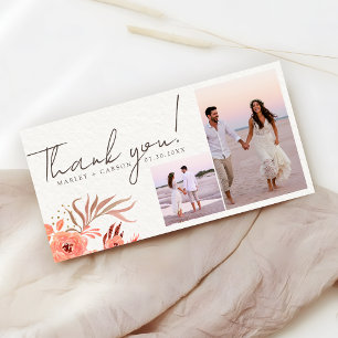 Cartão De Agradecimento Casamento Floral Coral Moderno com Duas Fotos