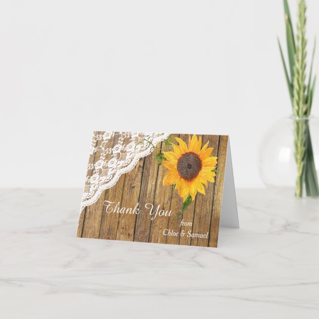 Cartão De Agradecimento Casamento Floral Da Madeira De Sunflower Obrigado (Frente)