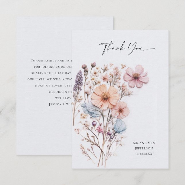 Cartão De Agradecimento Casamento Floral das Flores Selvagens de Aquarela  (Frente/Verso)