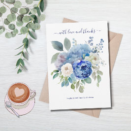 Cartão De Agradecimento Casamento Floral de Aquarela Azul Branco 