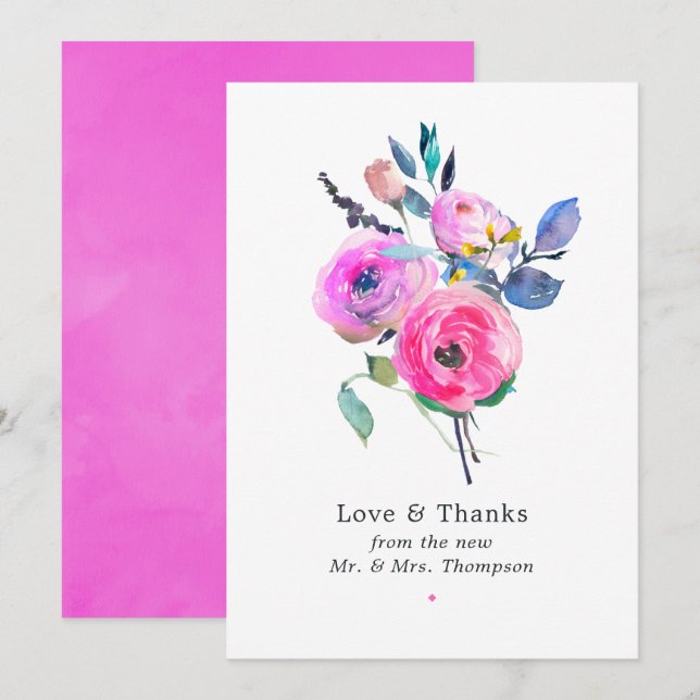 Cartão De Agradecimento Casamento Floral de Aquarela Rosa-Intenso (Frente/Verso)