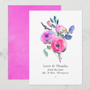 Cartão De Agradecimento Casamento Floral de Aquarela Rosa-Intenso