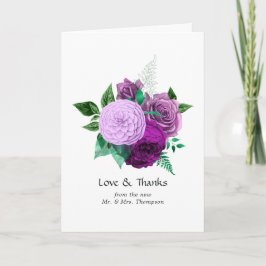 Cartão De Agradecimento Casamento Floral de Aquarela Roxa e Verde