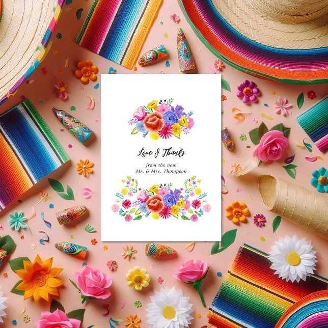Cartão De Agradecimento Casamento Floral de Arte Popular Mexicana Fiesta (Mexican Fiesta Folk Art Floral Wedding Thank You Card)
