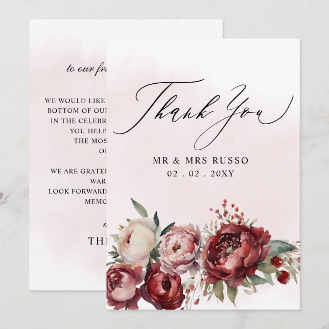 Cartão De Agradecimento Casamento Floral de Blush Burgundy Elegante (Frente/Verso)