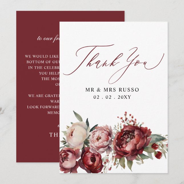 Cartão De Agradecimento Casamento Floral de Blush Burgundy Elegante (Frente/Verso)