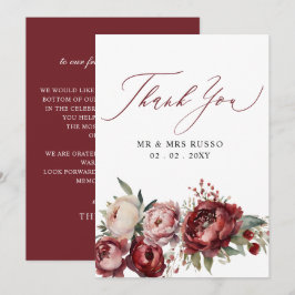 Cartão De Agradecimento Casamento Floral de Blush Burgundy Elegante