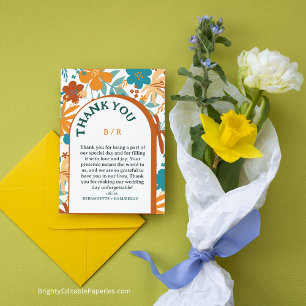 Cartão De Agradecimento Casamento Floral de Branca Brilhante e Retro Moder