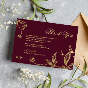 Cartão De Agradecimento Casamento floral de burgundy com caligrafia de our