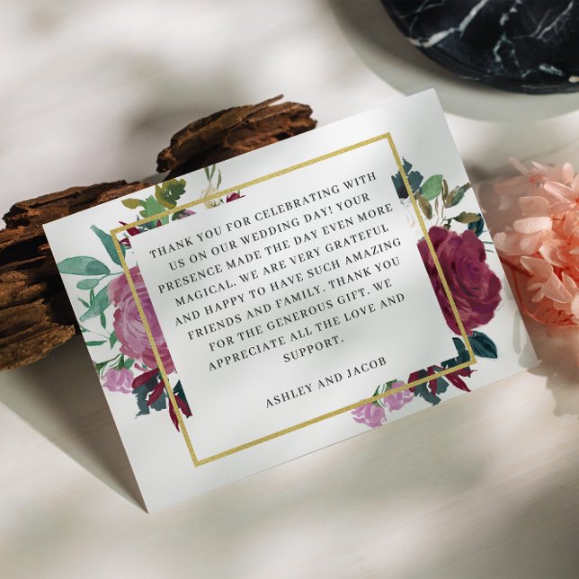 Cartão De Agradecimento Casamento floral de burgundy/jardim de vinho (Criador carregado)