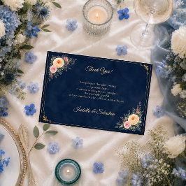 Cartão De Agradecimento Casamento Floral de Canto em Azul Marinho Elegante