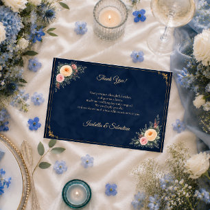 Cartão De Agradecimento Casamento Floral de Canto em Azul Marinho Elegante