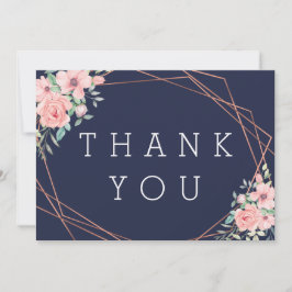 Cartão De Agradecimento Casamento Floral de Cobre Geométrico do marinho
