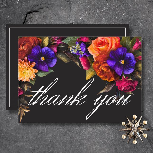 Cartão De Agradecimento Casamento Floral de Colheita de Vibrantes Elegante (Elegant Moody Vibrant Harvest Floral Wedding Thank You Card)