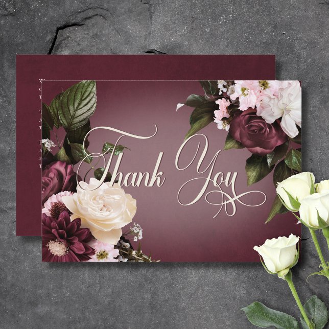 Cartão De Agradecimento Casamento Floral de Cream Blur e Borgonha Escura (Dark Elegant Burgundy & Cream Blur Floral Wedding Thank You Card)