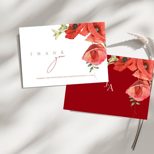 Cartão De Agradecimento Casamento Floral de Crimson Red Poppies (Crimson Red Poppies Floral Wedding Thank You Card)