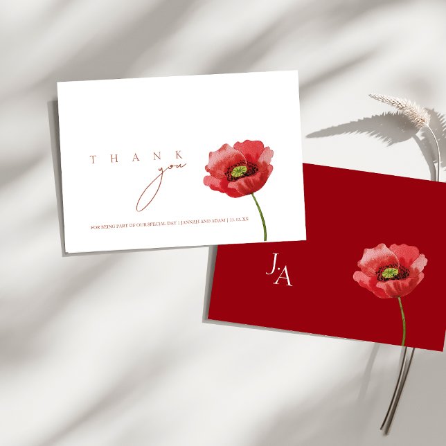 Cartão De Agradecimento Casamento Floral de Crimson Red Poppy (Crimson Red Poppy Floral Wedding Thank You Card)