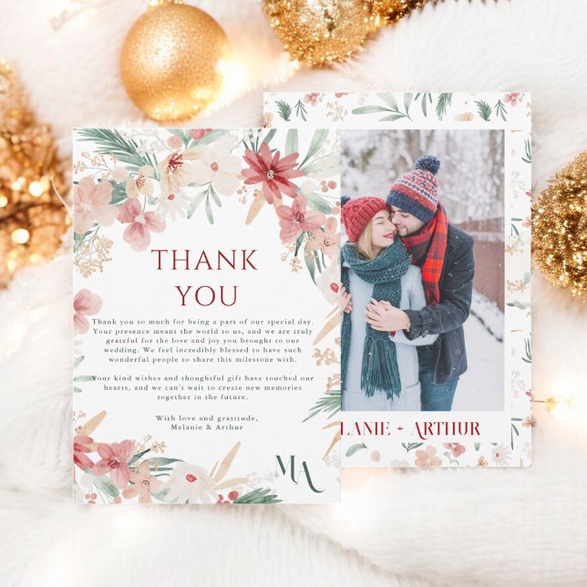 Cartão De Agradecimento Casamento Floral de Foto de Natal Rustic (Rustic Winter Christmas Floral Photo Wedding Thank You Card)