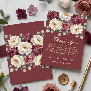 Cartão De Agradecimento Casamento Floral de Inverno com Marsala em Aquarel