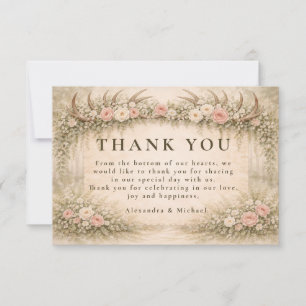 Cartão De Agradecimento Casamento Floral de Madeira com Galhadas
