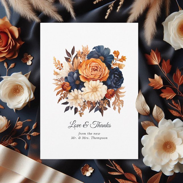 Cartão De Agradecimento Casamento Floral de marinho Azul, Laranja Queimado (Navy Blue, Burnt Orange and Champagne Floral Wedding Thank You Card)