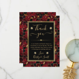 Cartão De Agradecimento Casamento Floral de Mármore Vermelho Preto e Doura
