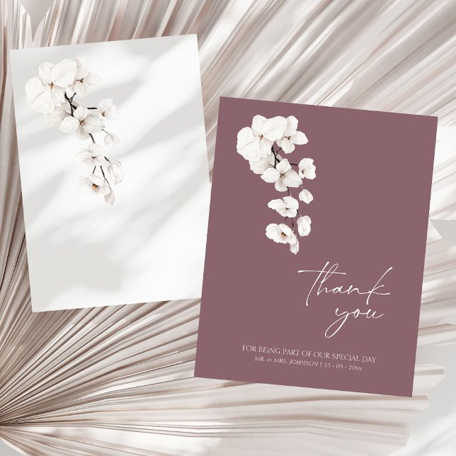 Cartão De Agradecimento Casamento Floral de Orquídea Branca Roxa Moderna (Modern Purple White Orchids Flowers Wedding Thank You Card)