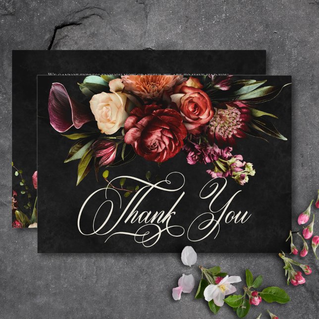 Cartão De Agradecimento Casamento Floral de outono de Escuro Elegante (Dark Elegant Autumn Floral Wedding Thank You Card)