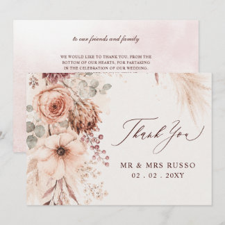 Cartão De Agradecimento Casamento Floral de Outono Pampas Burgundy Rústico