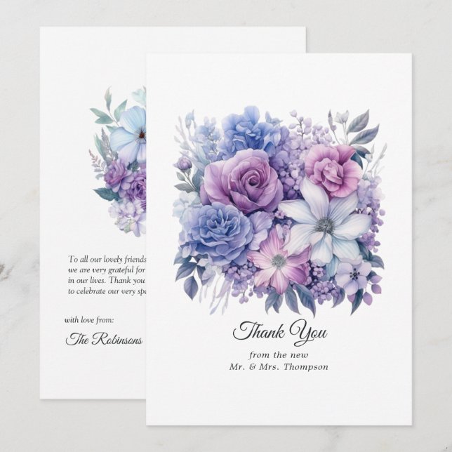 Cartão De Agradecimento Casamento Floral de Prata, Azul Icy e Lilac (Frente/Verso)