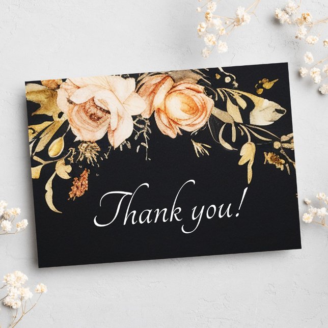 Cartão De Agradecimento Casamento Floral de Queda Moderna Negra (Black Modern Fall Floral Wedding Thank You Card)