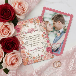 Cartão De Agradecimento Casamento Floral de Rosa Romântica Rosa e Vermelho