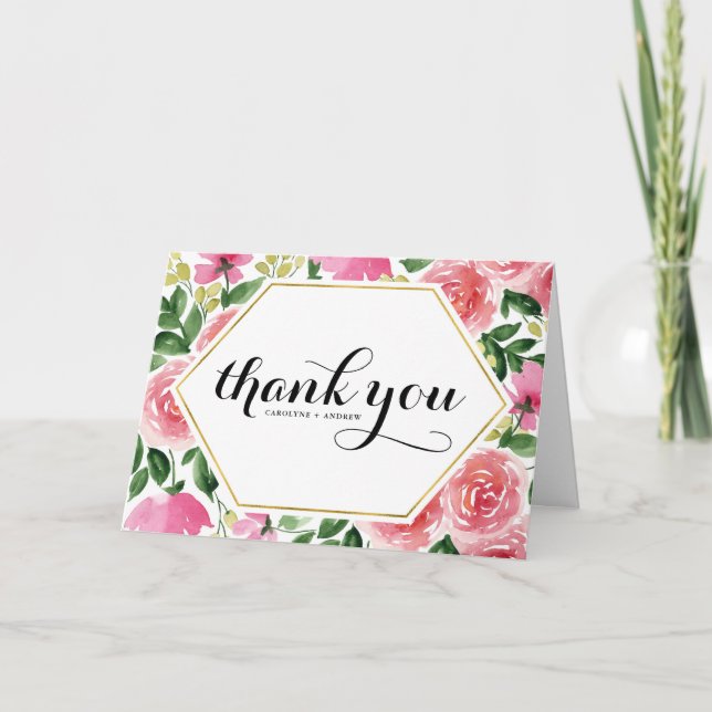 Cartão De Agradecimento Casamento Floral de Rosas de Aquarela Rosa (Frente)