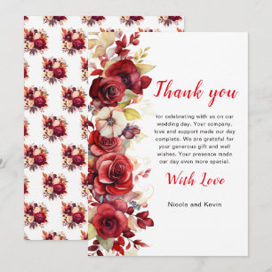 Cartão De Agradecimento Casamento Floral de Rosas vermelhas Românticas