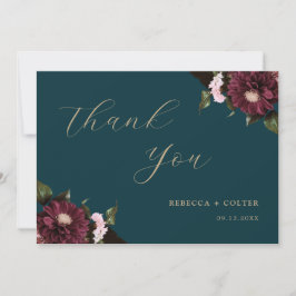 Cartão De Agradecimento Casamento Floral de Teal Burgundy Escuro Elegante