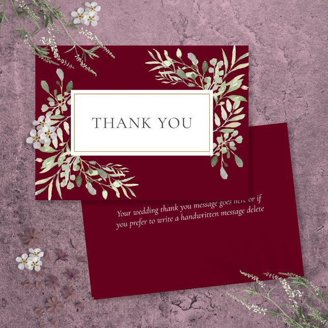 Cartão De Agradecimento Casamento Floral do Elegante Burgundy Red Greenery (Elegant Burgundy Red Greenery Floral Wedding Thank You Card)