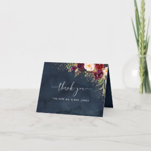 Cartão De Agradecimento Casamento Floral do Marinho de Poeira Dourada