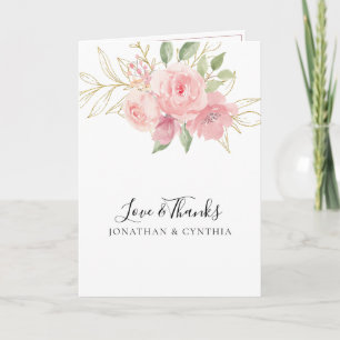 Cartão De Agradecimento Casamento Floral Dourado Aquarela Rosa Elegante