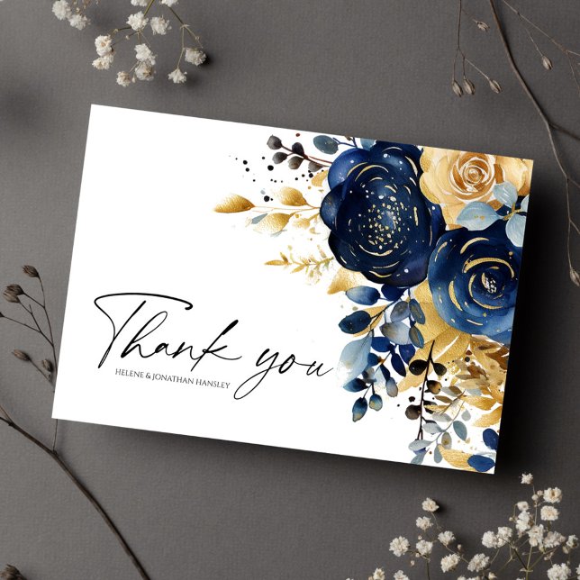 Cartão De Agradecimento Casamento Floral Dourado marinho Azul (Navy Blue Gold Floral Wedding Thank You Card)
