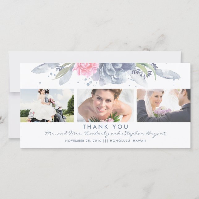 Cartão De Agradecimento Casamento Floral Dusty Blue e Rosa Obrigado (Frente)