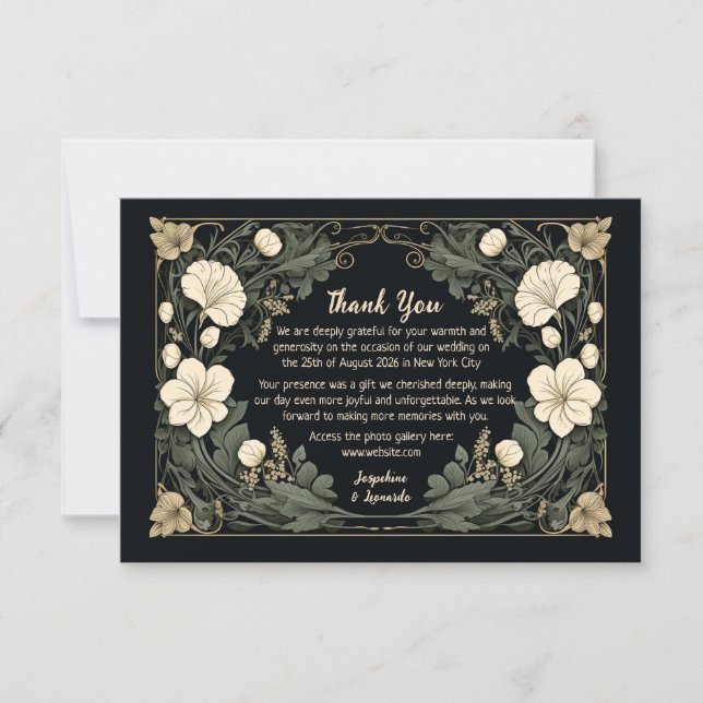 Cartão De Agradecimento Casamento Floral Elegante Dark Art Nouveau Obrigad (Frente)