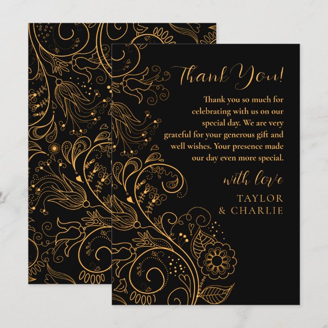 Cartão De Agradecimento Casamento Floral Elegante Dourado e Negro (Frente/Verso)