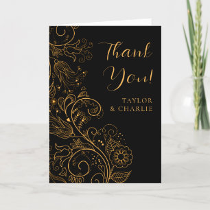 Cartão De Agradecimento Casamento Floral Elegante Dourado e Preto