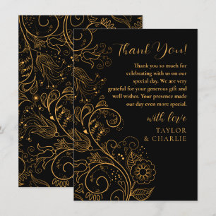 Cartão De Agradecimento Casamento Floral Elegante Dourado e Preto