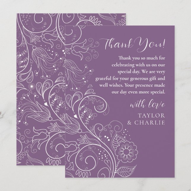 Cartão De Agradecimento Casamento Floral Elegante Roxo Dusty (Frente/Verso)