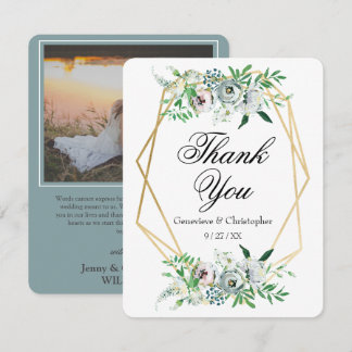 Cartão De Agradecimento Casamento Floral em Aquarela Azul Elegante