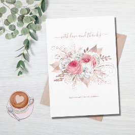 Cartão De Agradecimento Casamento Floral em Aquarela Rosa Dourado Branco 