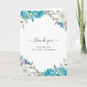 Cartão De Agradecimento Casamento Floral em Azul Poento e Turquesa em Foto