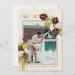 Cartão De Agradecimento Casamento Floral em Borgonha e Verde Sage